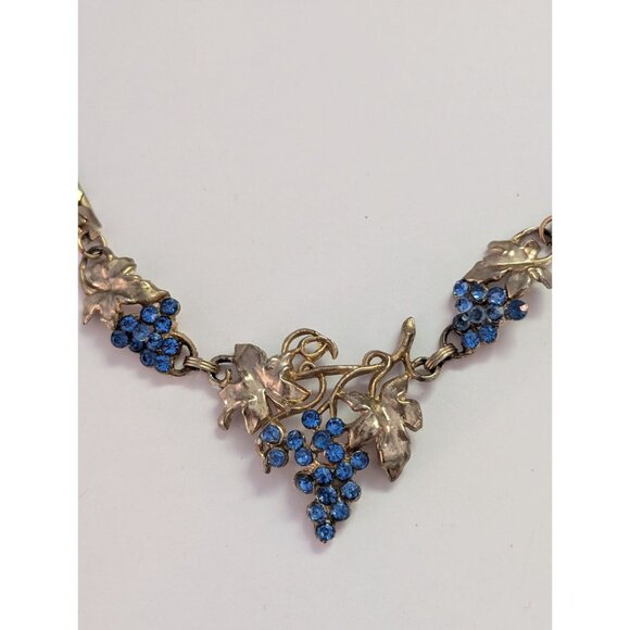 Vintage Silver Tone Necklace Blue Rhinestone Grape Cluster Design 16 Inches Long - Picture 3 of 4